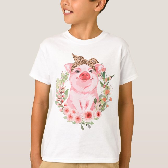 Pig With Leopard Headband Flower T Cute Pig Lover  T-Shirt (Front)