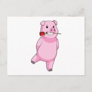 Pig with Rose Flower Postcard