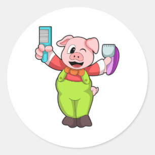 Pig with Scissors & Razor Classic Round Sticker