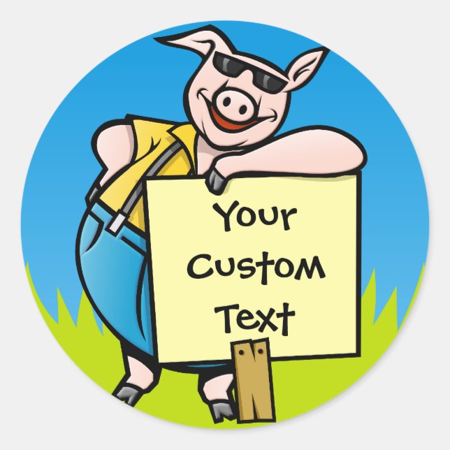 Pig with sign classic round sticker (Front)
