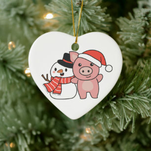 Pig With Snowman In Winter For Christmas Ceramic O Tree Decoration