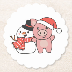 Pig With Snowman In Winter For Christmas Paper Coaster