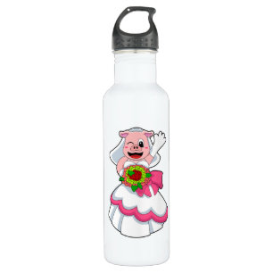 Pig with Wedding dress & Bunch of Flowers 710 Ml Water Bottle