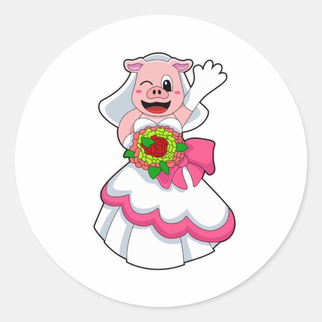 Pig with Wedding dress & Bunch of Flowers Classic Round Sticker (Front)