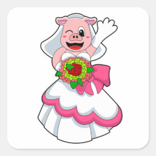 Pig with Wedding dress & Bunch of Flowers Square Sticker