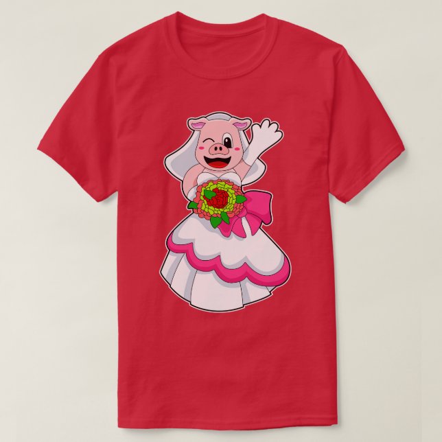Pig with Wedding dress Bunch of Flowers T-Shirt (Design Front)