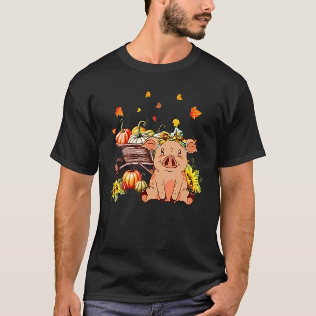 Pig With Wooden Wheelbarrow Leopard Pumpkin Sunflo T-Shirt (Front)