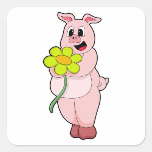 Pig with yellow Flower Square Sticker