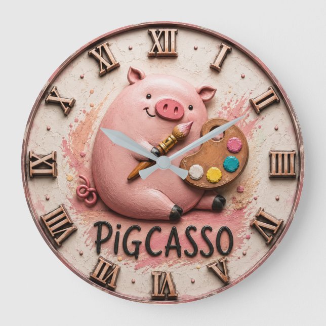 Pigcasso Funny Artist Pig  Large Clock (Front)