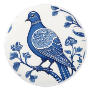 Pigeon Bird Delft Blue and White Floral Dove Ceramic Knob
