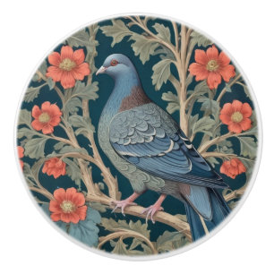 Pigeon Bird William Morris style Left Red Flowers Ceramic Knob