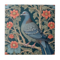 Pigeon Bird William Morris style Left Red Flowers
