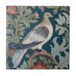 Pigeon Bird William Morris style Right facing Tile<br><div class="desc">"classy classic art nouveau",  "flowery pigeon dove Bird",  "sage green woodland animals",  "british william morris ceramic tile",  "leafy dark navy blue",  "stylish red forest tree leaves",  "right facing vintage english birds",  "wildlife garden animal on branch",  "nature floral flower botanical",  "leaf flowers traditional antique"</div>