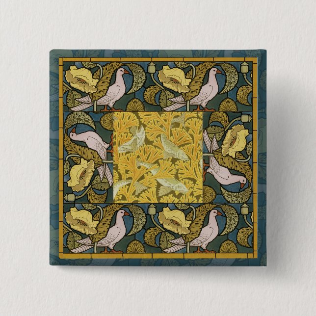 Pigeon Blue Yellow Fish Art Nouveau 15 Cm Square Badge (Front)