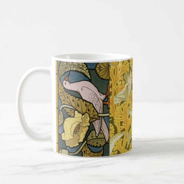 Pigeon Blue Yellow Fish Art Nouveau Coffee Mug (Left)