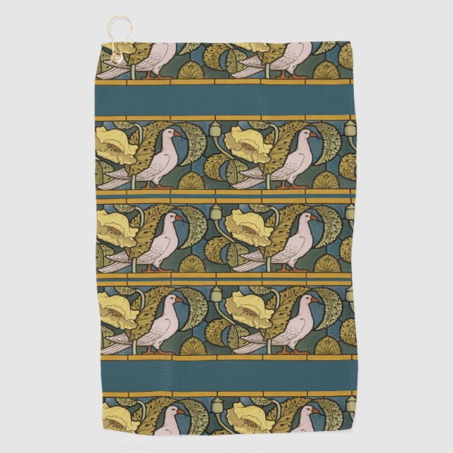 Pigeon Blue Yellow Fish Art Nouveau Golf Towel (Front)
