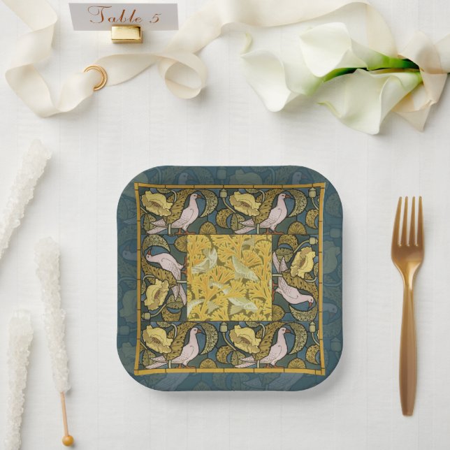 Pigeon Blue Yellow Fish Art Nouveau Paper Plate (Wedding)