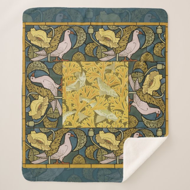 Pigeon Blue Yellow Fish Art Nouveau Sherpa Blanket (Front)