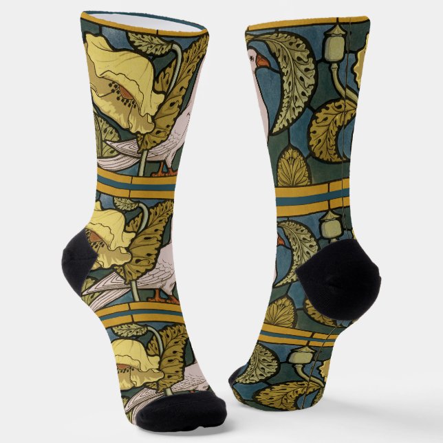 Pigeon Blue Yellow Fish Art Nouveau Socks (Angled)
