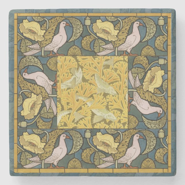 Pigeon Blue Yellow Fish Art Nouveau Stone Coaster (Front)