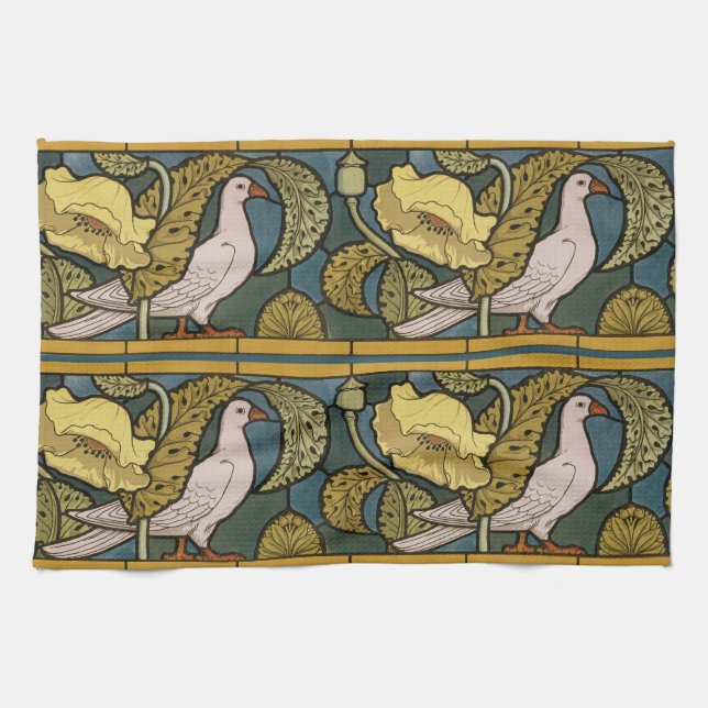 Pigeon Blue Yellow Fish Art Nouveau Tea Towel (Horizontal)