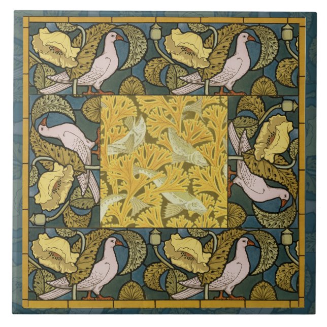 Pigeon Blue Yellow Fish Art Nouveau Tile (Front)