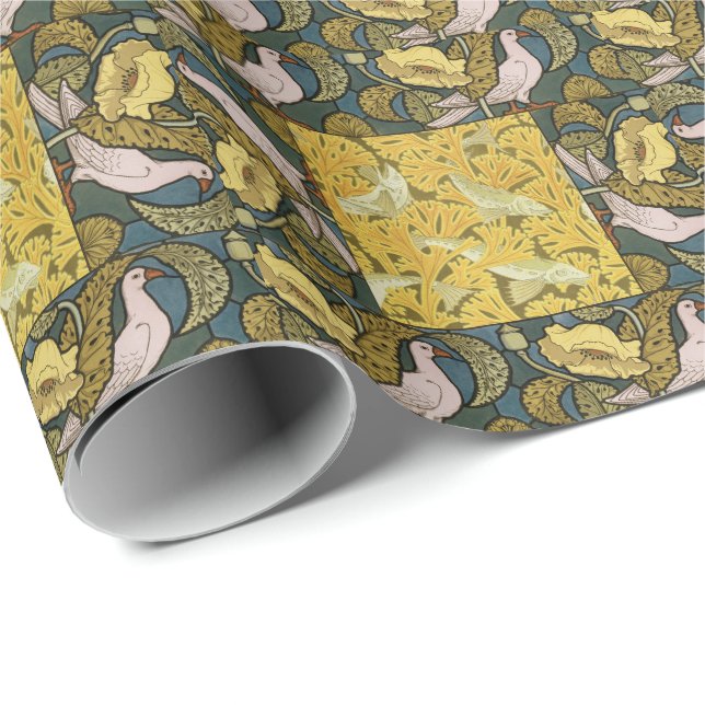 Pigeon Blue Yellow Fish Art Nouveau Wrapping Paper (Roll Corner)