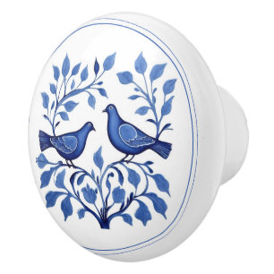 Pigeon Dove Bird Couple Blue White Delft Ceramic Knob