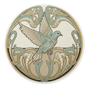Pigeon Dove Sage Green & Gold Art Deco Nouveau Ceramic Knob