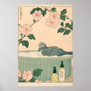 Pigeon in Bathtub Art Print Japanese Bird Wall Art