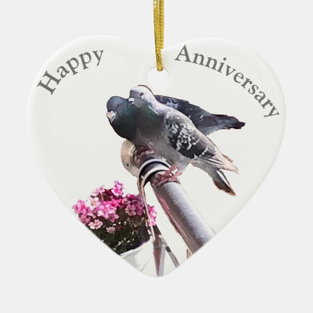 Pigeon pair and Flowers anniversary Ceramic Tree Decoration (Front)