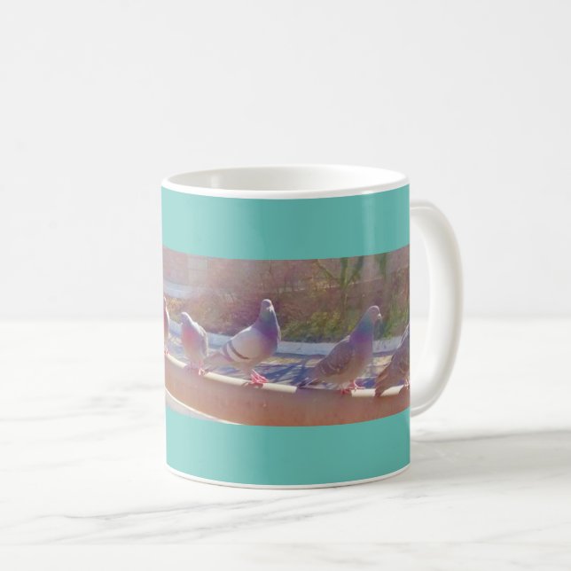 Pigeons in a Row on a Bridge Coffee Mug (Front Right)