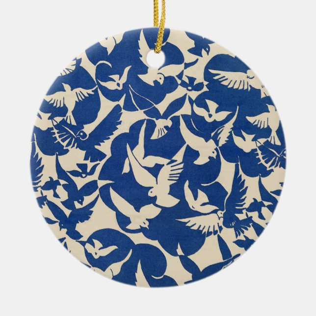 Pigeons in white and blue Rijksmuseum Amsterdam Ceramic Tree Decoration (Front)