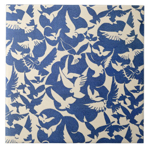 Pigeons in White and Blue Tile