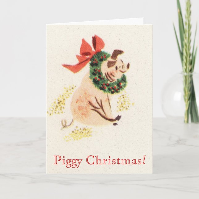 Piggy Christmas Vintage Card With Cute Pig (Front)