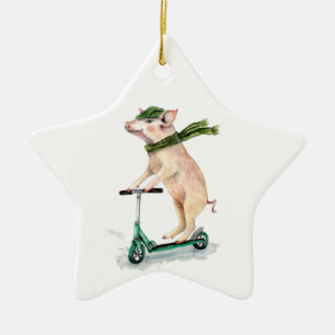 Piggy on a scooter ceramic tree decoration