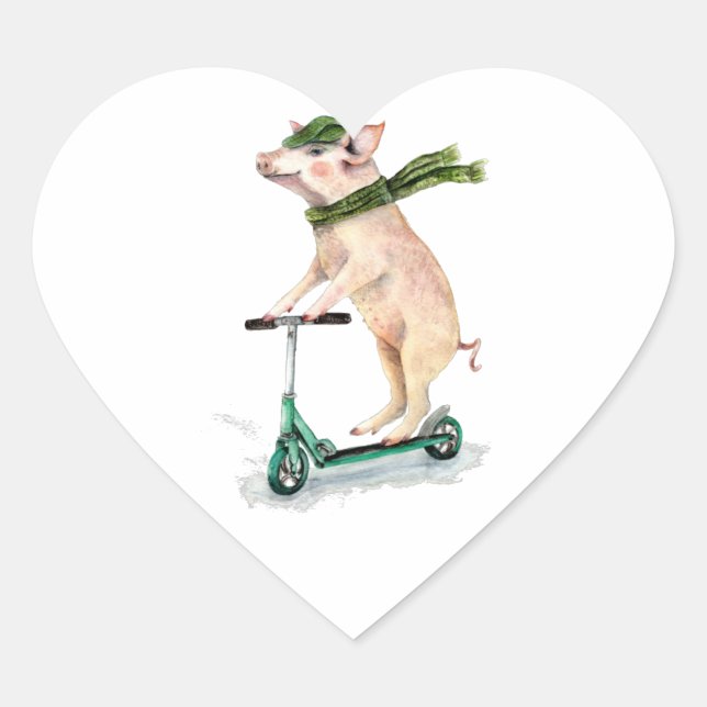 Piggy on a scooter heart sticker (Front)