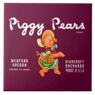 Piggy Pears fruit crate label print Tile