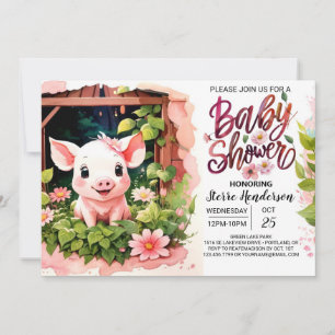 Piggy Pink Party Floral Baby Shower Invitation