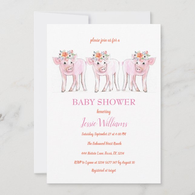 Piggy Triplets Baby Shower Piglet Girl Farm Animal Invitation (Front)