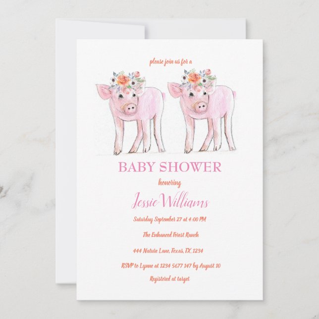 Piggy Twins Baby Shower Piglet Girl Farm Animals Invitation (Front)
