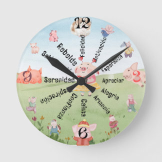 Piggy wall clock with Spanish motivational prompts