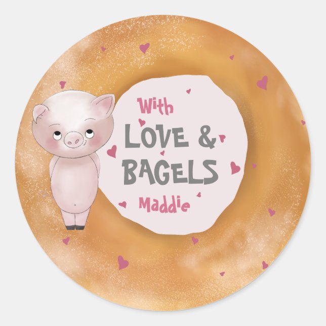 Piggy "With Love & Bagels" | Cotton Candy Pink Classic Round Sticker (Front)