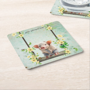 Piglet on a swing square paper coaster