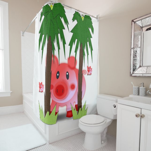 piglet pink children's showercurtain white shower curtain (In Situ)