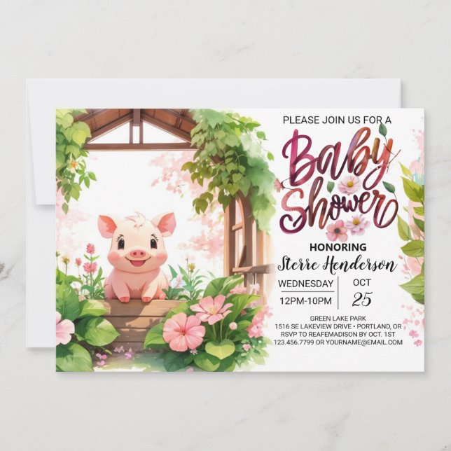 Piglet's Pink Paradise Watercolor Baby Shower Invitation (Front)