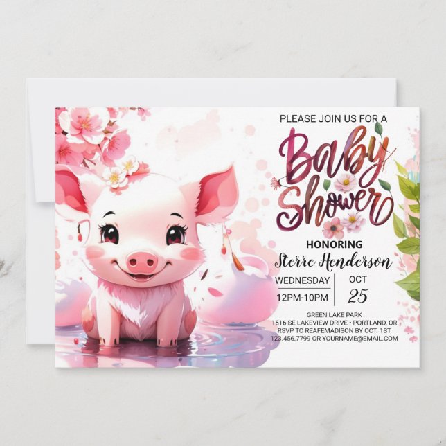 Piglet's Watercolor Farmyard Baby Shower Invitation (Front)
