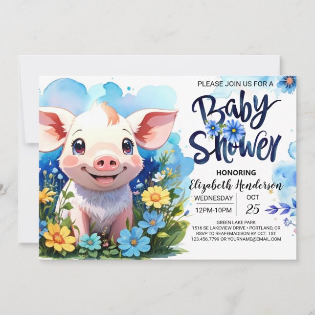 Pig's Country Farm Charm Blue Baby Shower Invitation (Front)