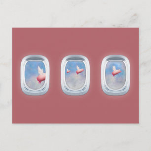 Pigs flying past aeroplane windows postcard