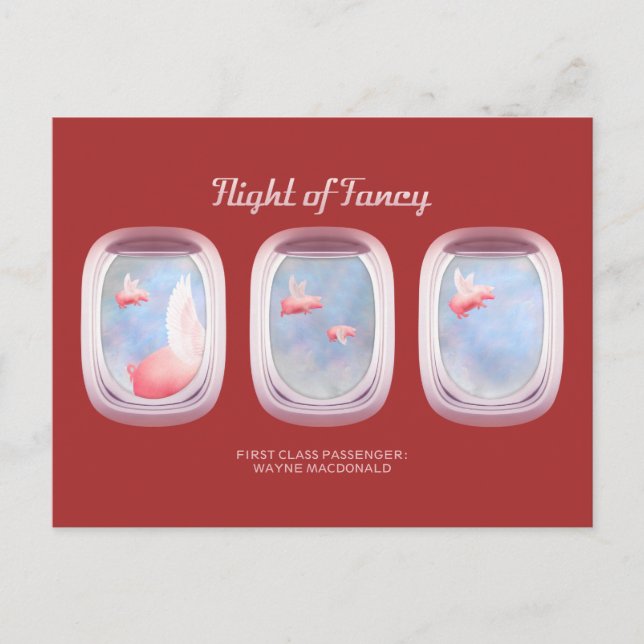 Pigs Flying Past Airplane Window-Personalized Postcard (Front)
